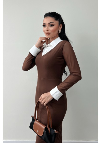 Tül Kumaş Yaka Manşet Detaylı Kalem Elbise - Kahverengi modelleri