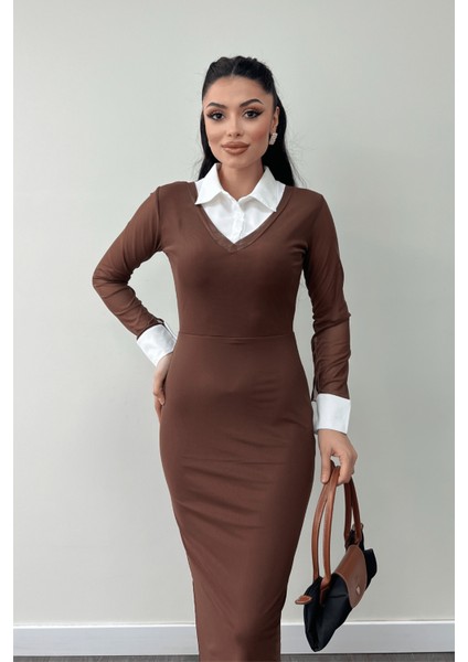 Tül Kumaş Yaka Manşet Detaylı Kalem Elbise - Kahverengi fırsatları