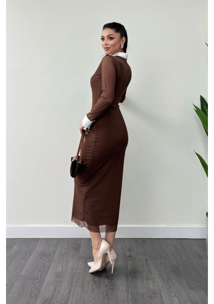 Tül Kumaş Yaka Manşet Detaylı Kalem Elbise - Kahverengi indirimleri