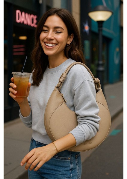 Şık Tasarım Fermuarlı Kadın Omuz Çantası Vizon