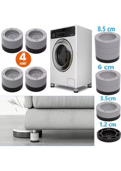 Beyaz Eşya Ayağı Çamaşır Makinesi Mobilya Titreşim Önleyici Kaydırmaz ve Yükseltici 4 Lü Set (8,5 Cm)