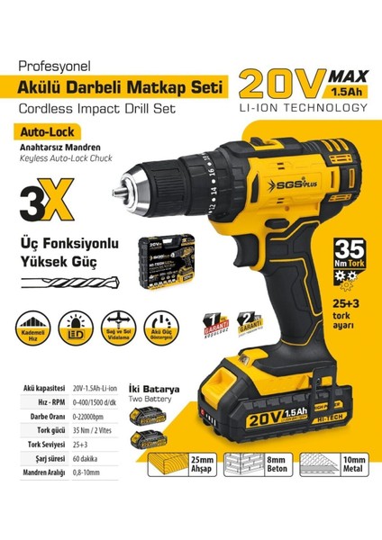 SGS5248 - 20 Volt 1.5 Amper Akülü Şarjlı Darbeli Matkap Vidalama Seti Çift Akülü fiyatları