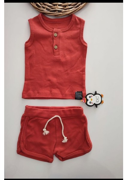 Bb-Unisex Yazlık 2li Set Atlet Şort Takım Kiremit Bebek Çocuk