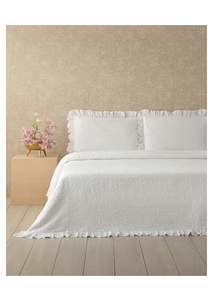 Home Alvin Pamuklu Fırfırlı Çift Kişilik Yatak Örtüsü Takımı 220X240 cm Beyaz