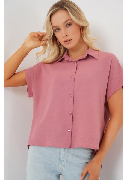 Oversize Kısa Kol Gömlek 20322 - Pembe