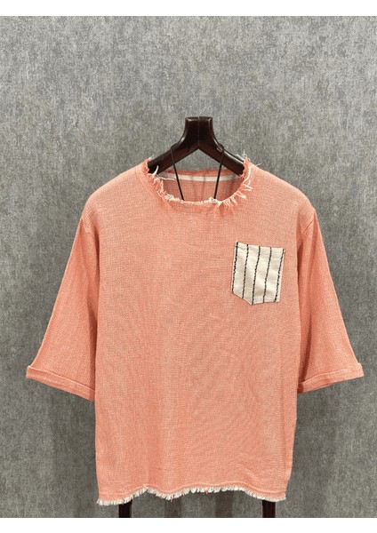 Oversize Yıkamalı Pamuk Keten Turuncu Tshirt