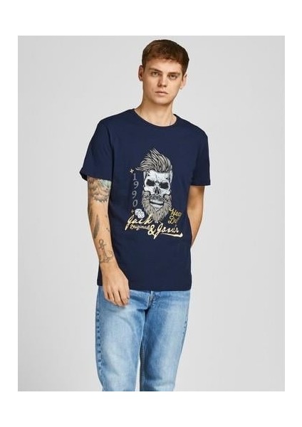 12205684_Jordome Tee Bisiklet Yaka Standart Kalıp Baskılı Lacivert Erkek T-Shirt