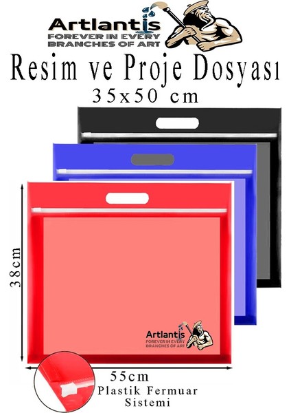 Renkli Plastik Fermuarlı Proje Dosyası 35X50 cm 3 Adet Tutmaçlı 38X55 cm Resim ve Proje Ödev Dosyası El Tutmalı