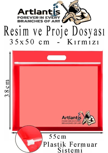 Renkli Plastik Fermuarlı Proje Dosyası 35X50 cm 3 Adet Tutmaçlı 38X55 cm Resim ve Proje Ödev Dosyası El Tutmalı
