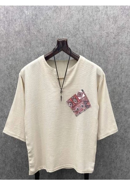 Oversize Bohem Fakir Kol Pis Uç Pachli Bej Pamuk Keten Tshirt