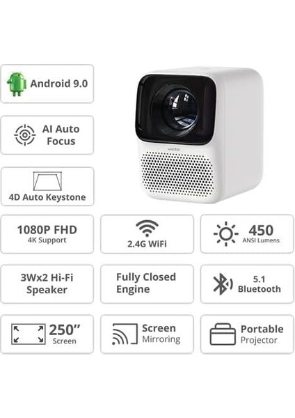 T2 Max Projeksiyon Cihazı Android, 450 Ansı Lümen, Otomatik Odaklama, Otomatik Köşe Düzeltme, Bluetooth Hoparlör Özellikli, Ekran Yansıtma, Kar Beyazı