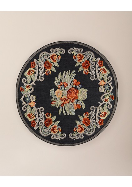 Loubressac Daire Halı - Siyah/Kızıl Mavi - 160x160 cm