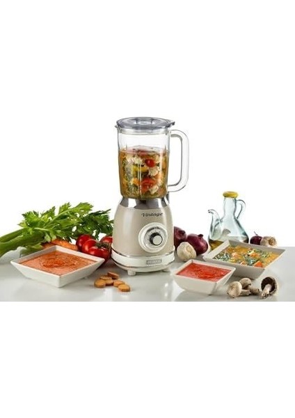Vintage Cam Blender Bej 0583/03-1,5 Litre Kapasiteli Cam Sürahi, 4 Hız Kademesi, Pulse Özelliği ve Buz Kırma Fonksiyonu, 4 Paslanmaz Çelik Bıçak ile Güçlü Performans