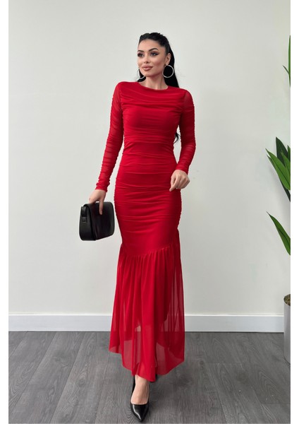 Tül Kumaş Büzgü Detaylı Kalem Elbise - Kırmızı