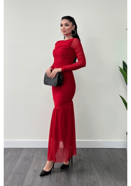 Tül Kumaş Büzgü Detaylı Kalem Elbise - Kırmızı fiyatları