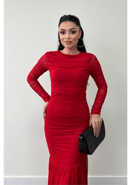 Tül Kumaş Büzgü Detaylı Kalem Elbise - Kırmızı modelleri
