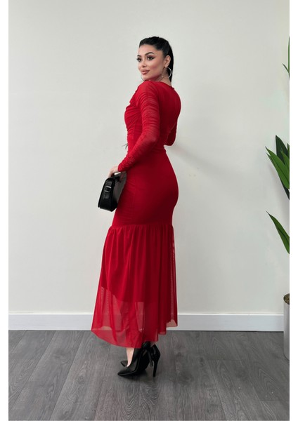 Tül Kumaş Büzgü Detaylı Kalem Elbise - Kırmızı indirimleri