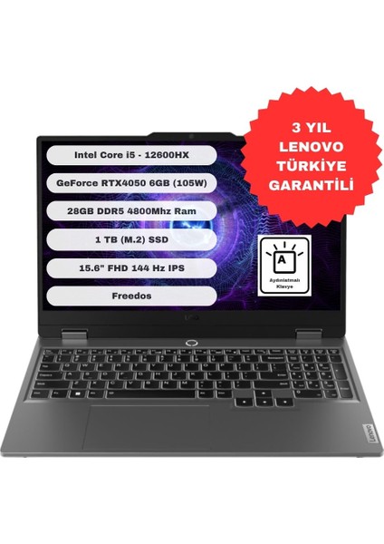 Loq 15IAX9 GTI28 Intel Core I5 12600HX 28GB 1tb SSD RTX4050 Freedos 15.6'' Fhd Taşınabilir Bilgisayar 83GS00PFTR