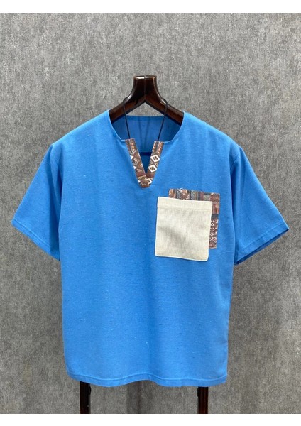 Oversize Nopeli Pamuk Keten Bohem Mavi Tshirt
