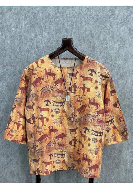 Oversize Desenli Pamuk Keten Bohem Tshirt