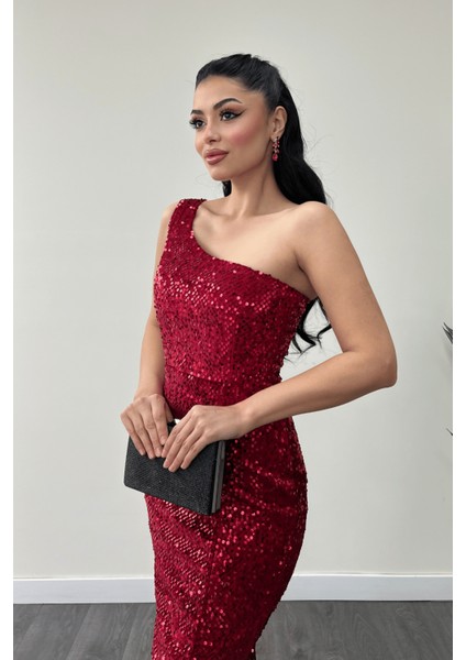 Kadife Payet Tek Kol Abiye Elbise - Kırmızı fırsatları