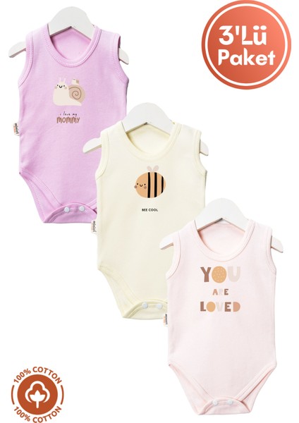 Unisex %100 Organik Pamuklu Love Baskılı 3-6-9-12 Ay 3lü Kolsuz Atlet Bebek Body Zıbın