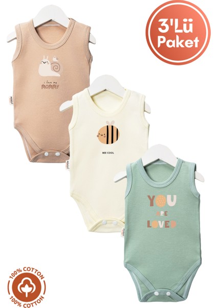 Unisex %100 Organik Pamuklu Love Baskılı 3-6-9-12 Ay 3lü Kolsuz Atlet Bebek Body Zıbın