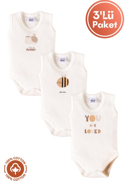Unisex %100 Organik Pamuklu Love Baskılı 3-6-9-12 Ay 3lü Kolsuz Atlet Bebek Body Zıbın