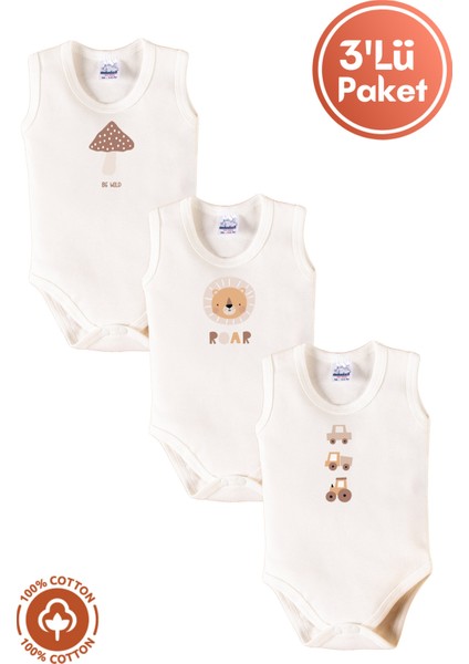 Erkek Bebek %100 Organik Pamuklu Bohem Baskılı 3-6-9-12 Ay 3lü Kolsuz Atlet Bebek Body Zıbın