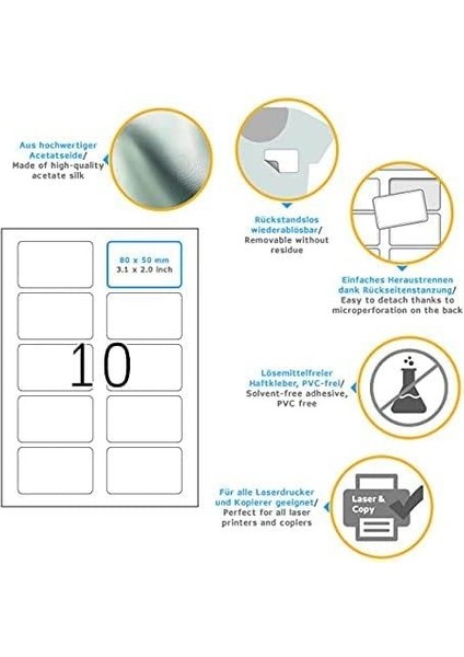 4587 Isim Etiketi Çıkarılabilir, 10 Yaprak, 80 x 50 Mm, A4 Başına 10, 100 Adet, Kendinden Yapışkanlı, Yazdırılabilir, Asetat Ipek, Beyaz