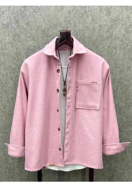 Oversize El Işi Detaylı Pamuk Kaşe Pembe Gömlek