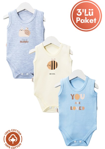 Unisex %100 Organik Pamuklu Love Baskılı 3-6-9-12 Ay 3lü Kolsuz Atlet Bebek Body Zıbın