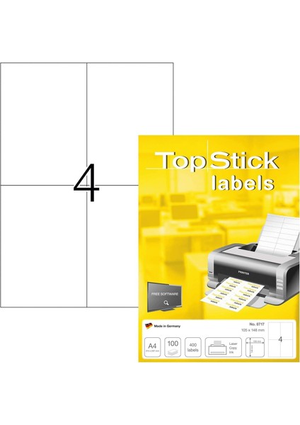 8717 Evrensel Etiketler, 100 Yaprak, 105 x 148 Mm, A4 Adet Sayfa Başına, 400 Adet, Kendinden Yapışkanlı, Basılabilir, Mat, Boş Kağıt Yapışkanlı Etiket Çıkartma, Beyaz