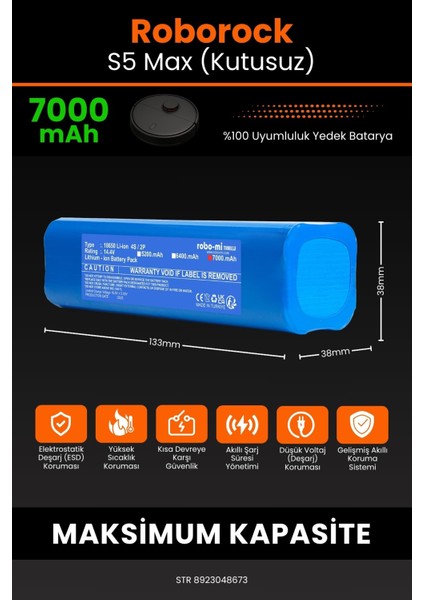 Roborock S5 Max 7000MAH Robot Süpürge Bataryası - Yüksek Yoğunluklu Li-Ion Hücre (Kutusuz)