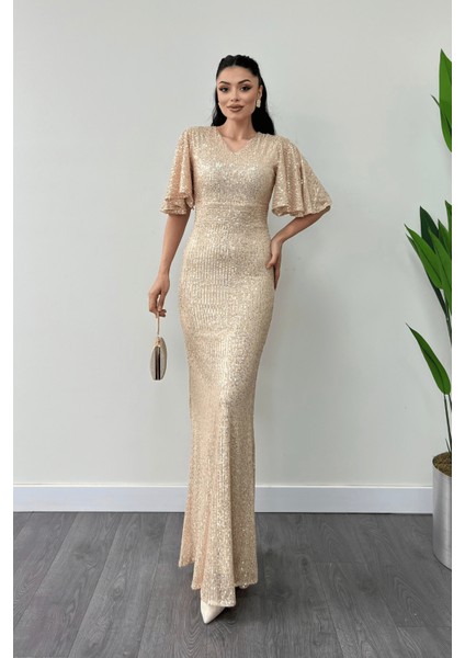 Pul Payet Kumaş V Yaka Abiye Elbise - Gold fiyatları