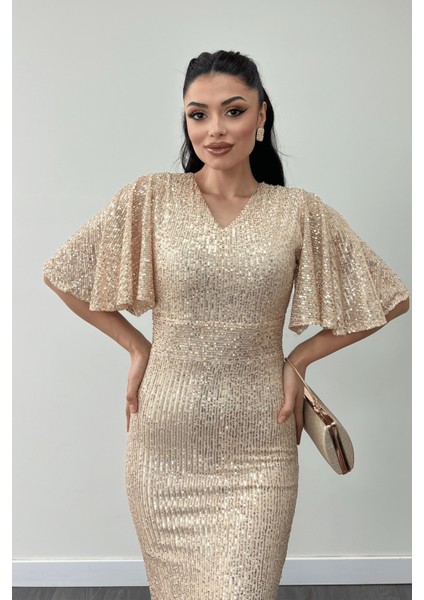 Pul Payet Kumaş V Yaka Abiye Elbise - Gold modelleri
