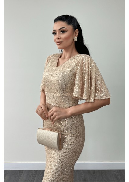 Pul Payet Kumaş V Yaka Abiye Elbise - Gold fırsatları