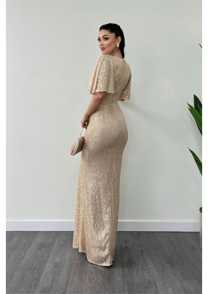 Pul Payet Kumaş V Yaka Abiye Elbise - Gold indirimleri