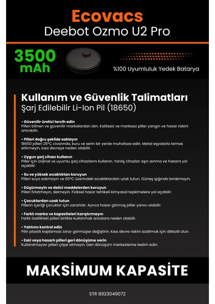 Ecovacs Deebot Ozmo U2 Pro 3500MAH Robot Süpürge Bataryası - Yüksek Yoğunluklu Li-Ion Hücre