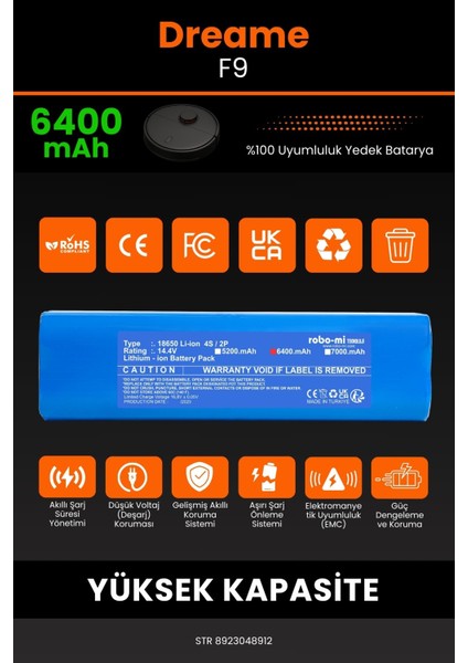 Dreame F9 6400MAH Robot Süpürge Bataryası - Yüksek Yoğunluklu Li-Ion Hücre