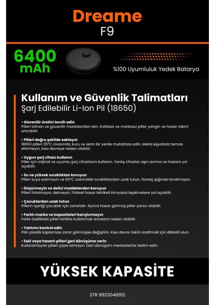 Dreame F9 6400MAH Robot Süpürge Bataryası - Yüksek Yoğunluklu Li-Ion Hücre