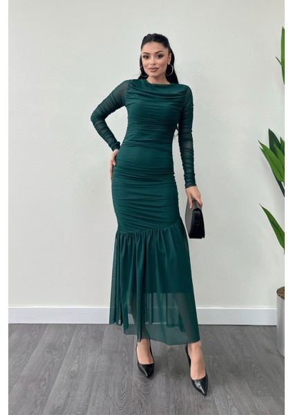 Tül Kumaş Büzgü Detaylı Kalem Elbise - Zümrüt Yeşil