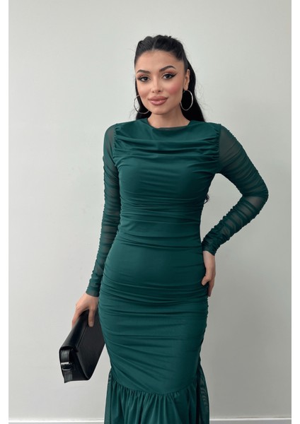 Tül Kumaş Büzgü Detaylı Kalem Elbise - Zümrüt Yeşil modelleri