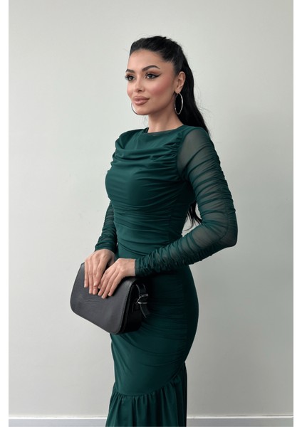 Tül Kumaş Büzgü Detaylı Kalem Elbise - Zümrüt Yeşil fırsatları