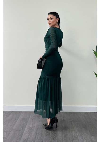 Tül Kumaş Büzgü Detaylı Kalem Elbise - Zümrüt Yeşil indirimleri