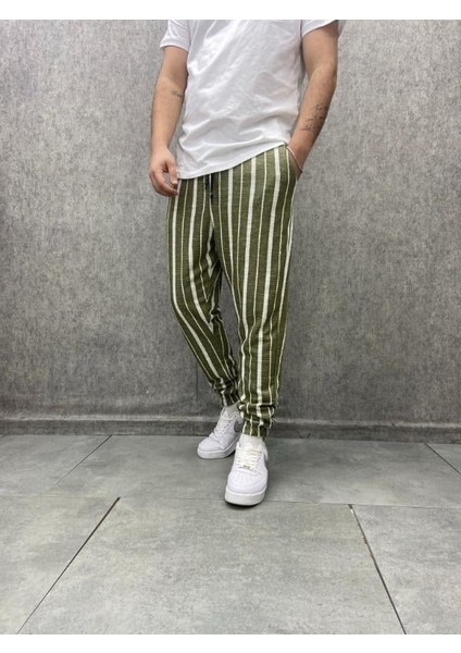 Bel ve Paça Lastikli Çizgili Pantolon