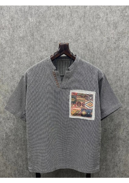 Oversize Bohem El Işi Detaylı Yıkamalı Antrasit Pamuk Keten Tshirt