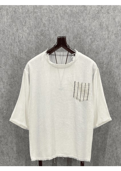 Oversize Yıkamalı Pamuk Keten Bej Tshirt