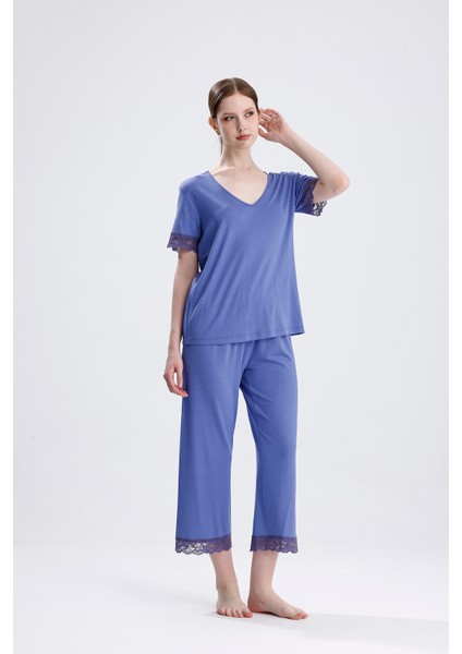 Kadın Viskon Dantelli V Yaka Kısa Kollu Yazlık Pijama Takımı