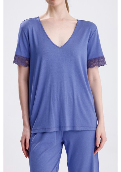 Kadın Viskon Dantelli V Yaka Kısa Kollu Yazlık Pijama Takımı fiyatları